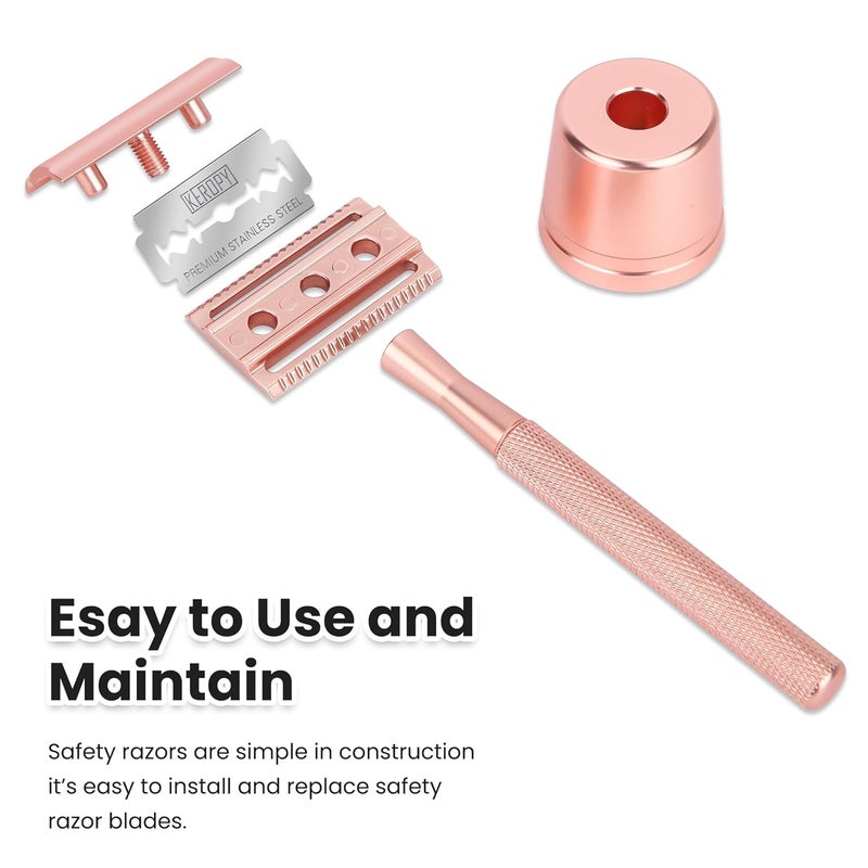 Keropy Double Edge Safety Razor For Woman With Stand and 10 Premium Stainless Steel Reusable Safety Razor, Razors For Shaving, Rose Gold - Image 2